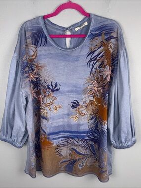 Farmers Market Top Women’s L Blue Floral Art Deco Beads Embellished 3/4 Sleeves
